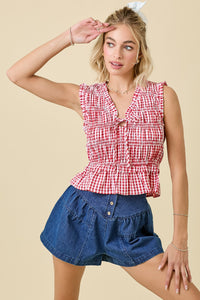 Gingham Double Tie Smocked Top W/ Ruffles