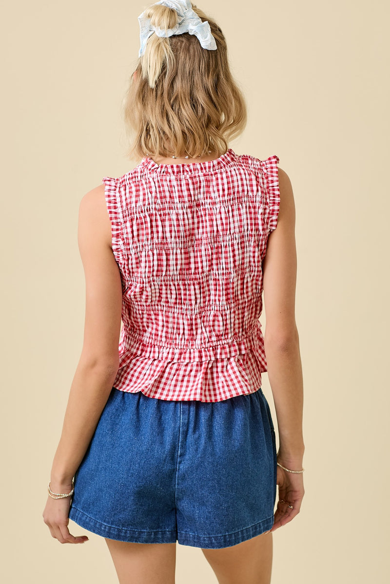Gingham Double Tie Smocked Top W/ Ruffles