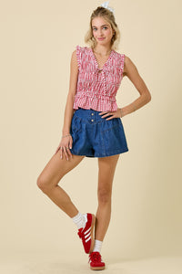 Gingham Double Tie Smocked Top W/ Ruffles