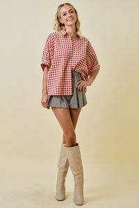 Oversized Gingham Textured Button Down Shirt