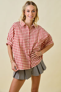 Oversized Gingham Textured Button Down Shirt