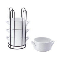 Stoneware Stack-A-Bowls Set-4 Bowls With Holder-Woodland White