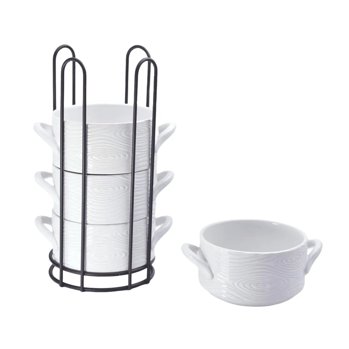 Stoneware Stack-A-Bowls Set-4 Bowls With Holder-Woodland White