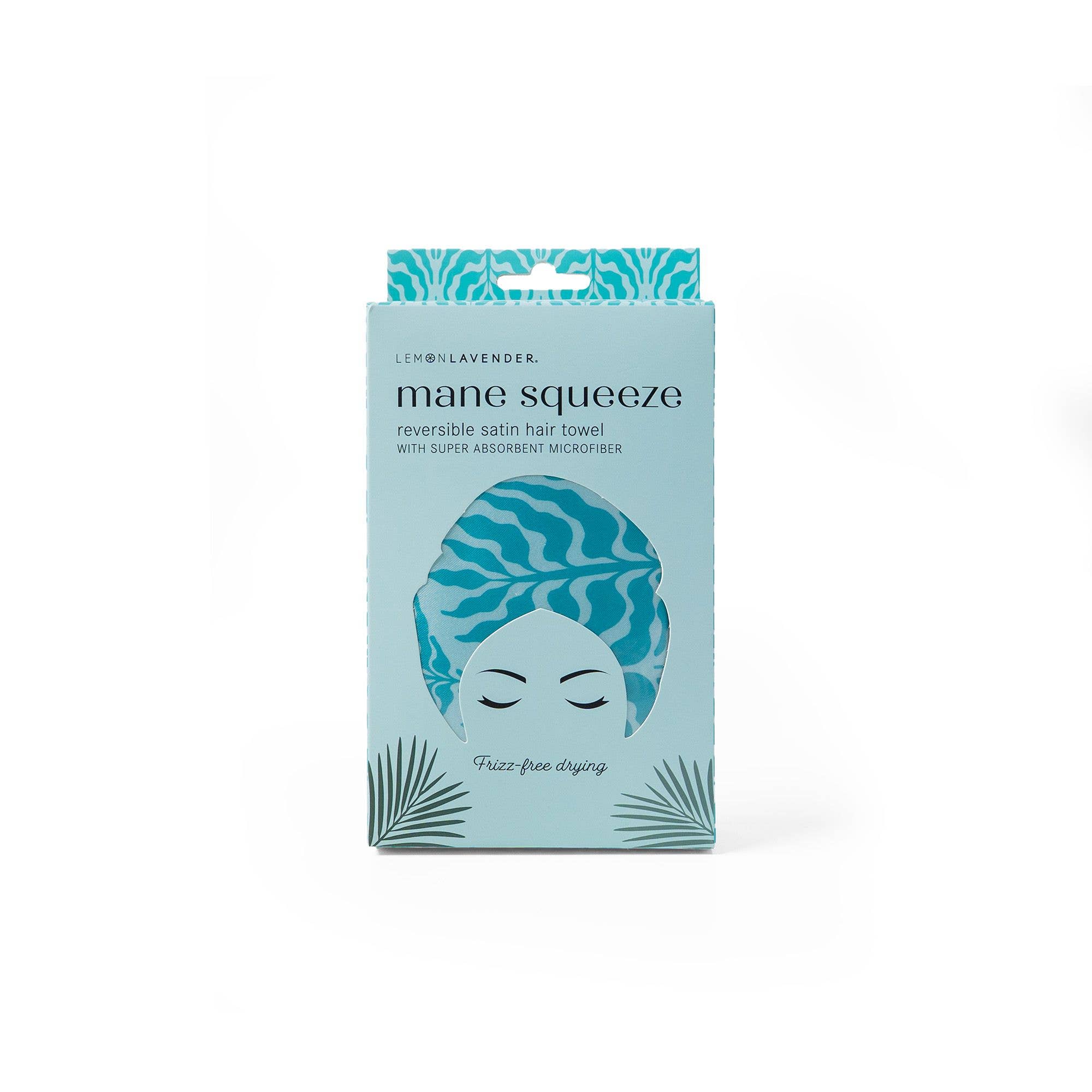 Mane Squeeze reversible satin hair towel packaging on a white background