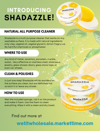 Advertisement for Shadazzle multi-purpose cleaner with product images and usage instructions.