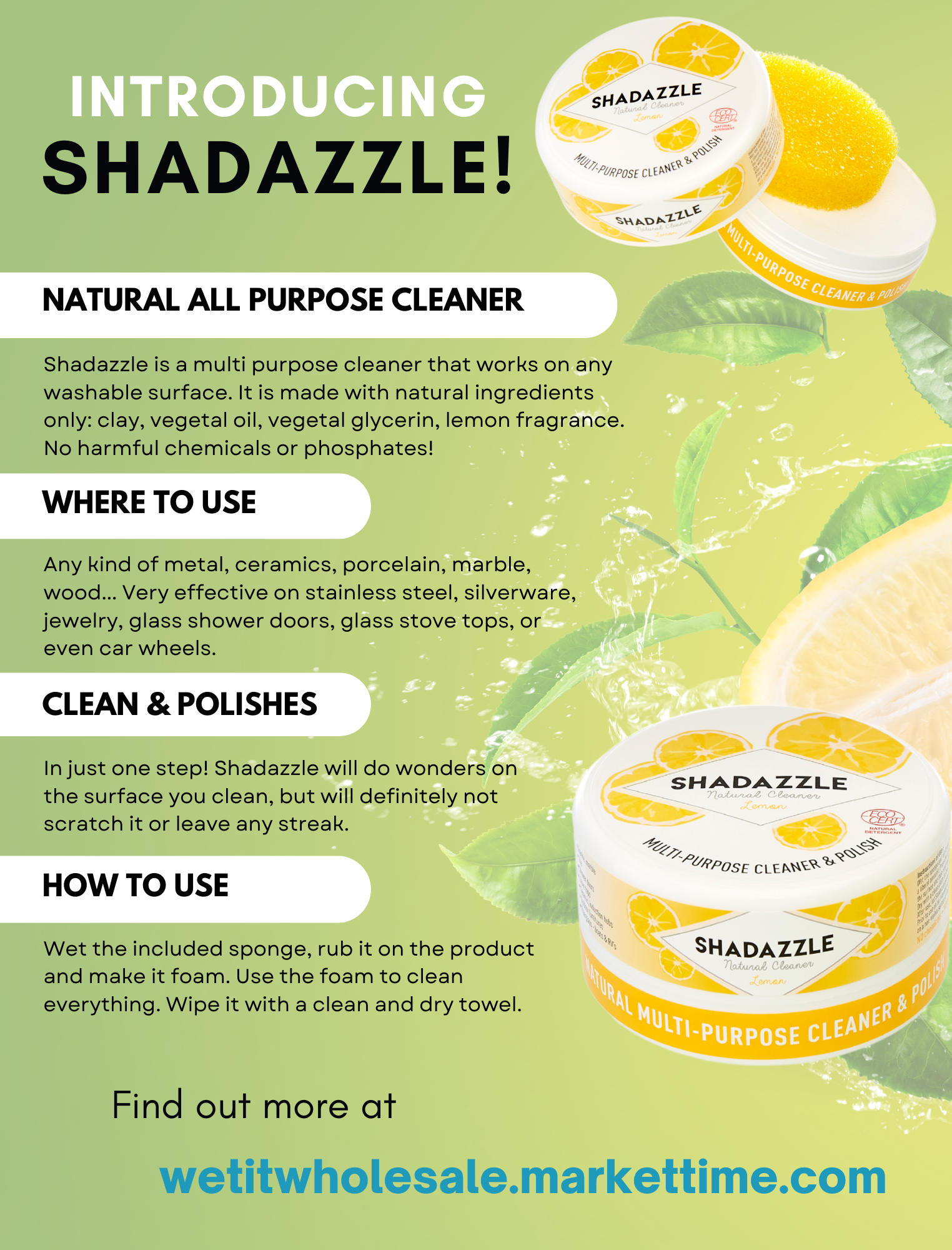 Advertisement for Shadazzle multi-purpose cleaner with product images and usage instructions.
