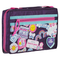 Purple pencil case with colorful designs and text on a white background