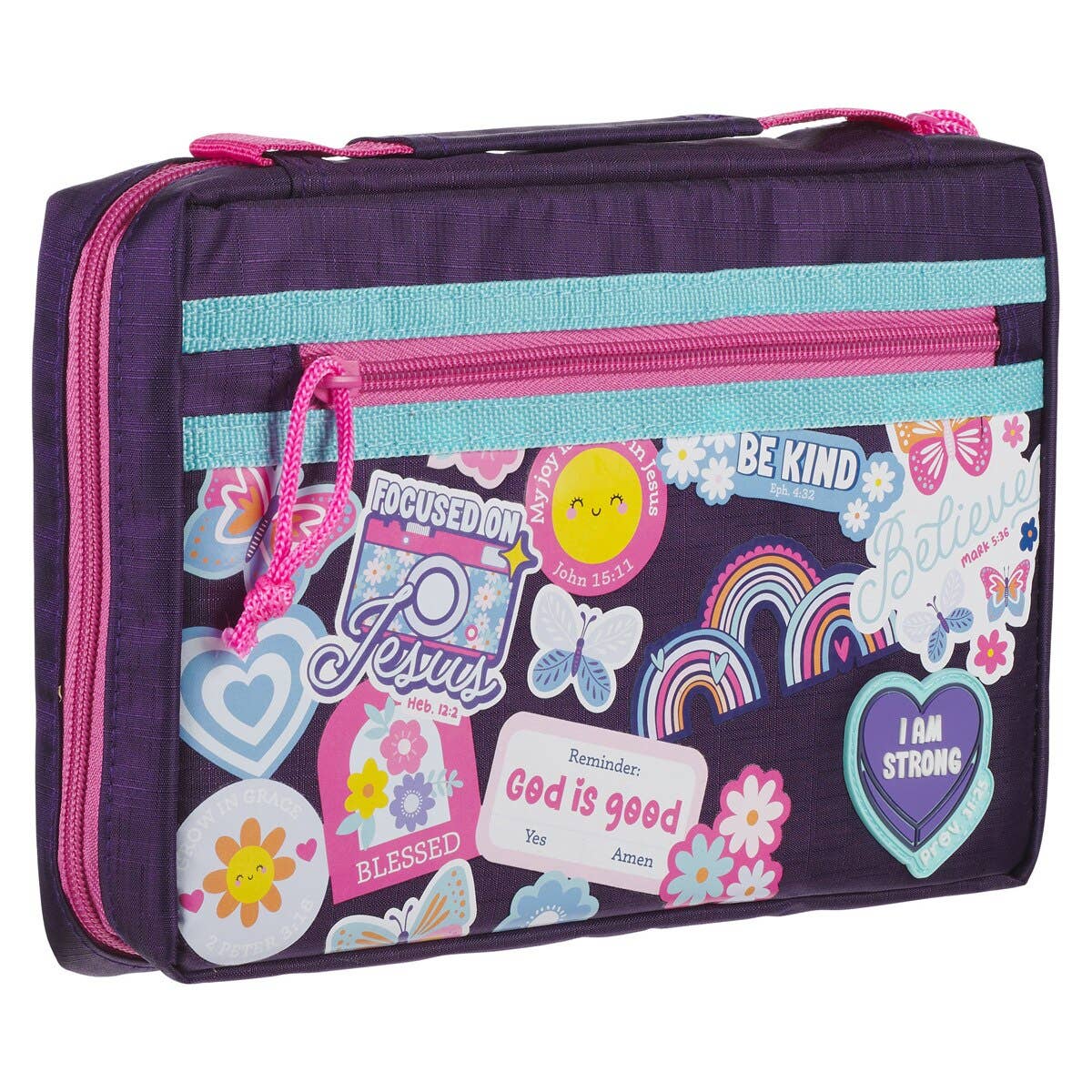 Purple pencil case with colorful designs and text on a white background
