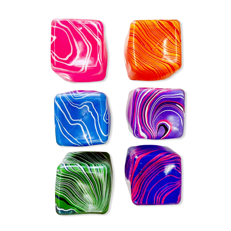 Six marbled acrylic dice with vibrant swirl patterns in pink, orange, blue, purple, green, and dark blue, arranged in a 2x3 grid on a white background.