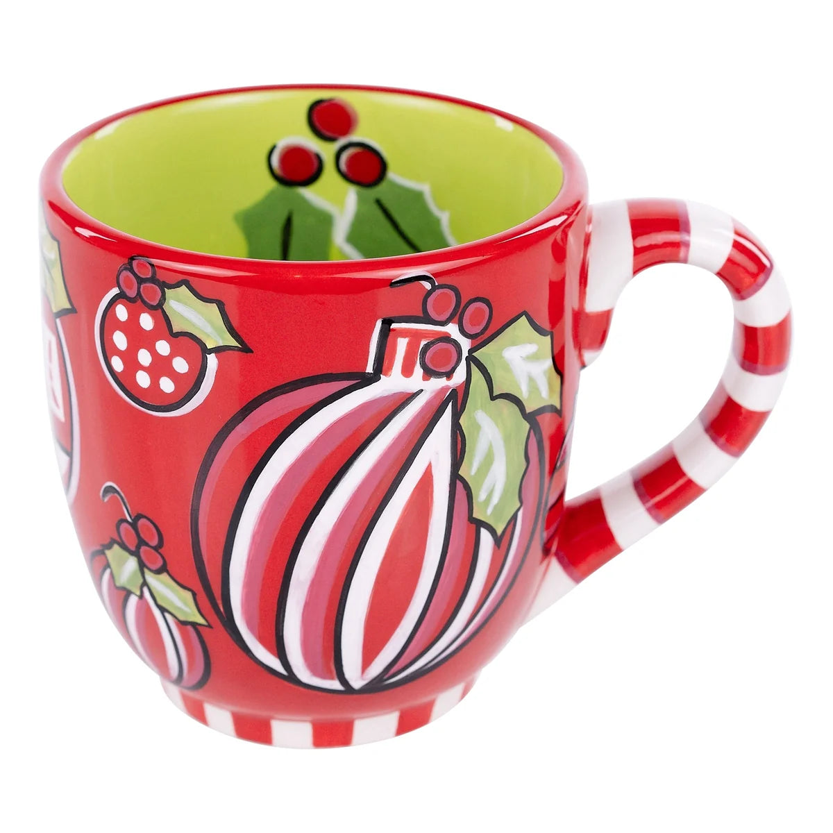 Decorative mug with red and white striped handle, featuring Christmas-themed designs on a white background.