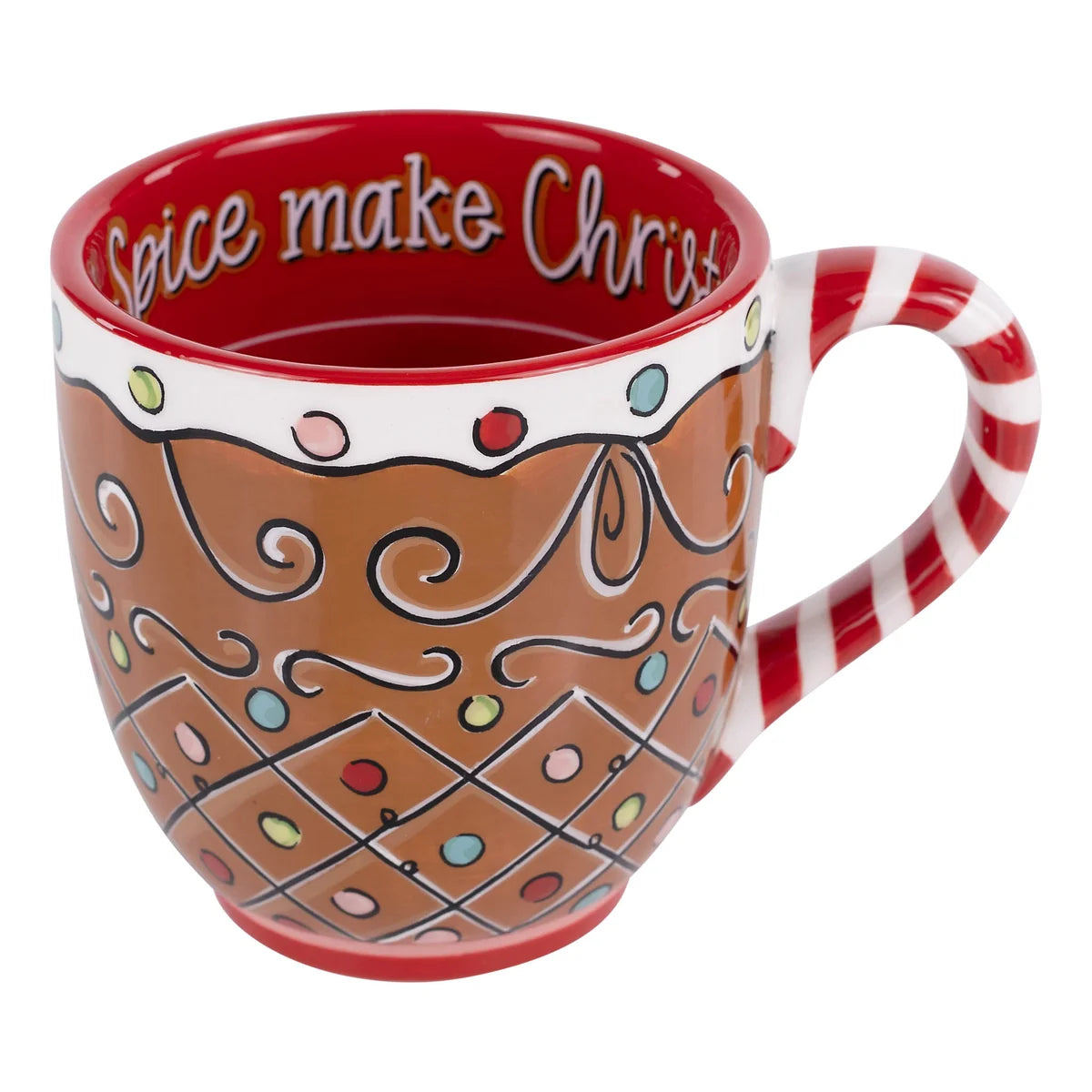 A festive ceramic mug with a gingerbread-themed design, featuring a brown body with white icing-like border, colorful candy accents, and a red-and-white striped handle. The inside of the mug reads 'Spice make Christmas'.