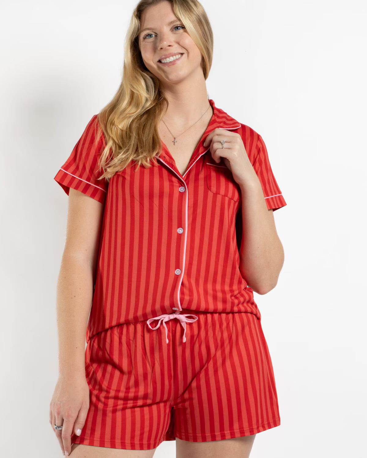 Carissa Stripe Short Sleeve Button up Shirt & Shorts Sleep Set