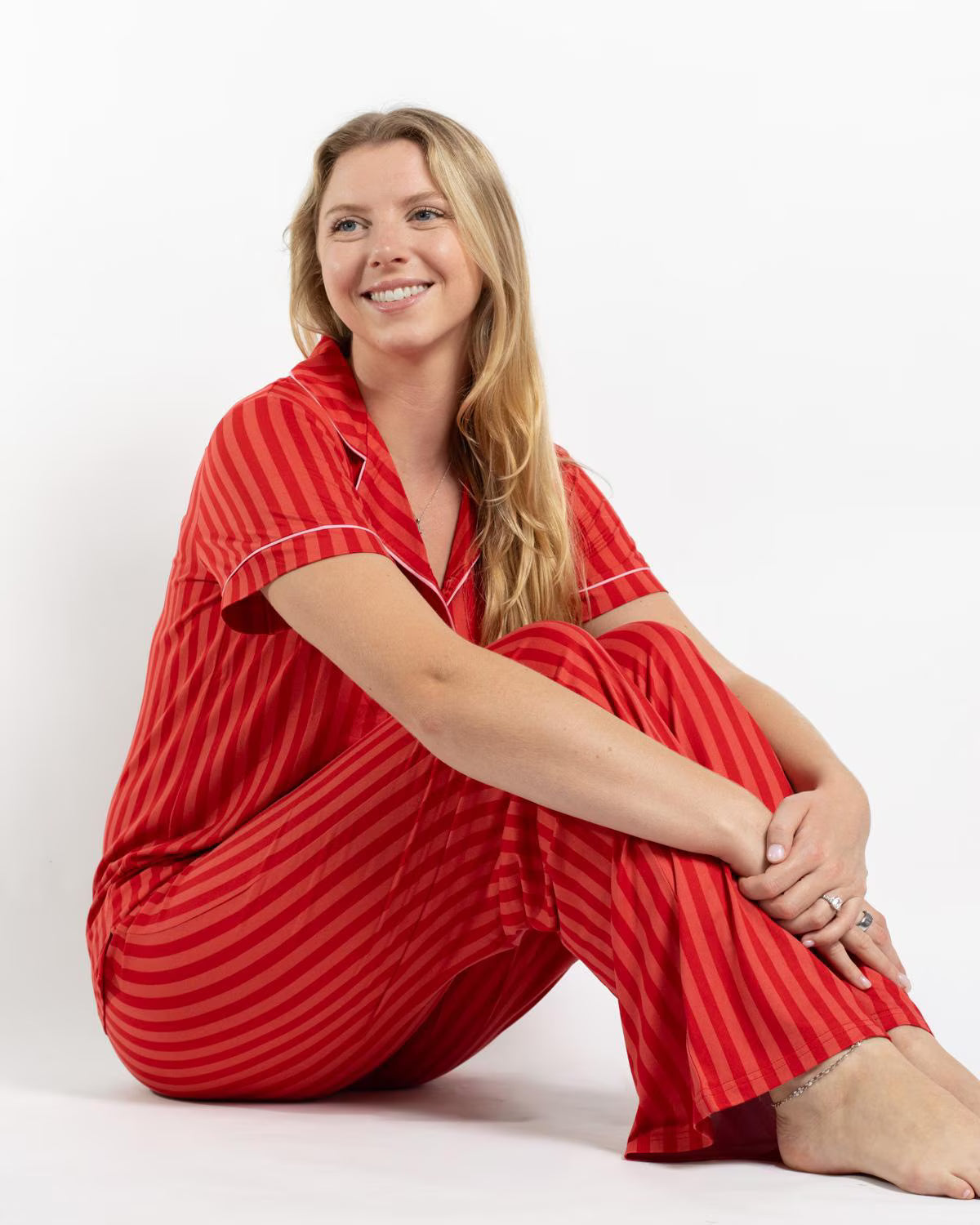 Carissa Stripe Short Sleeve Button up Shirt & Pants Sleep Set