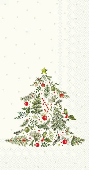 A festive Christmas tree illustration made from green pine and fir branches, red berries, and a gold star, centered on a light cream patterned background.