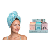 Woman wearing a blue patterned towel with 'mane squeeze' products displayed on a white background