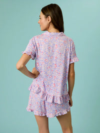 Women's Bamboo Viscose Lavender Enchanted Flowers Short Sleeve Bow Ruffle Pajama Set