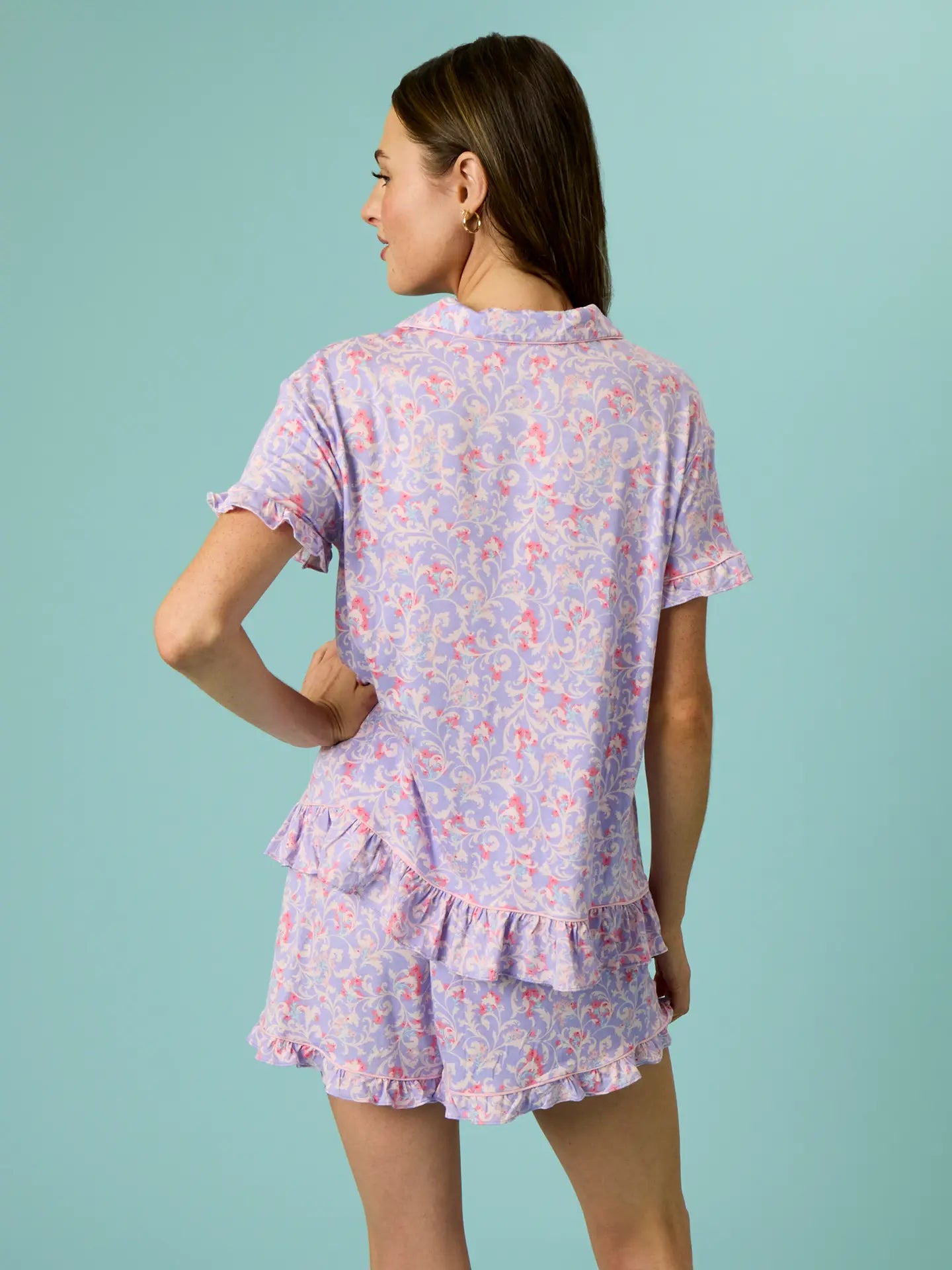 Women's Bamboo Viscose Lavender Enchanted Flowers Short Sleeve Bow Ruffle Pajama Set