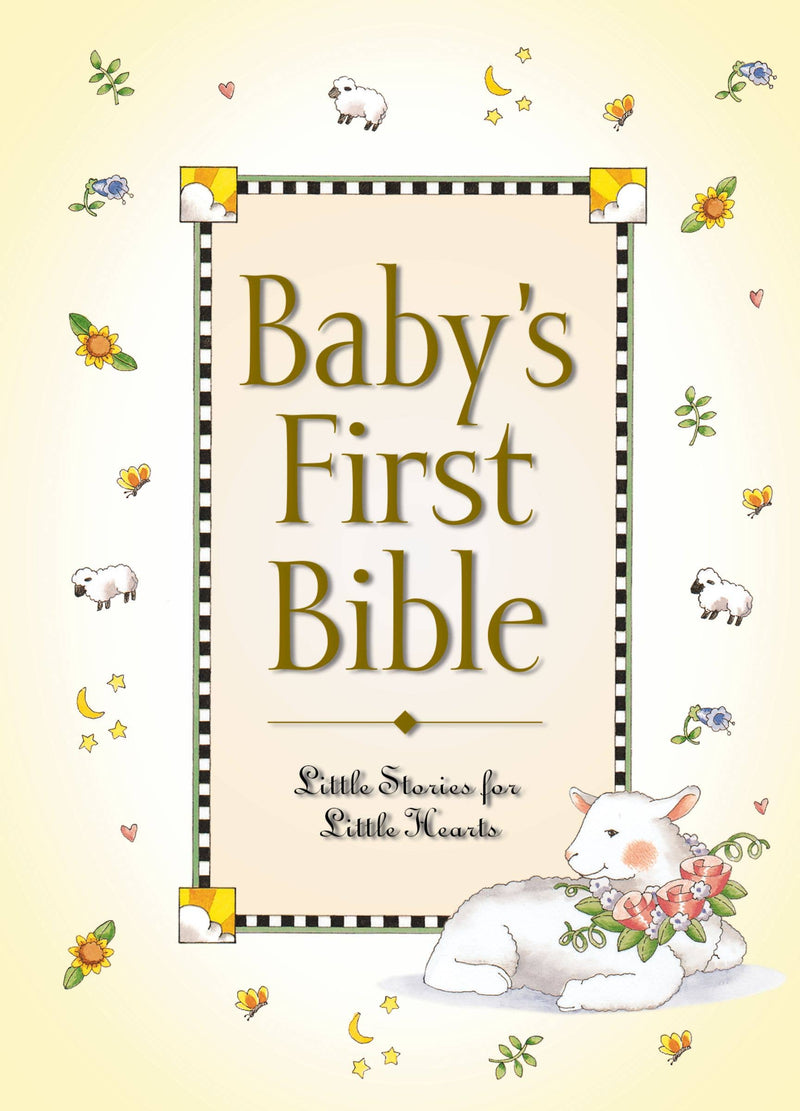 Book cover of 'Baby's First Bible' with illustrations of a lamb and flowers on a yellow background.