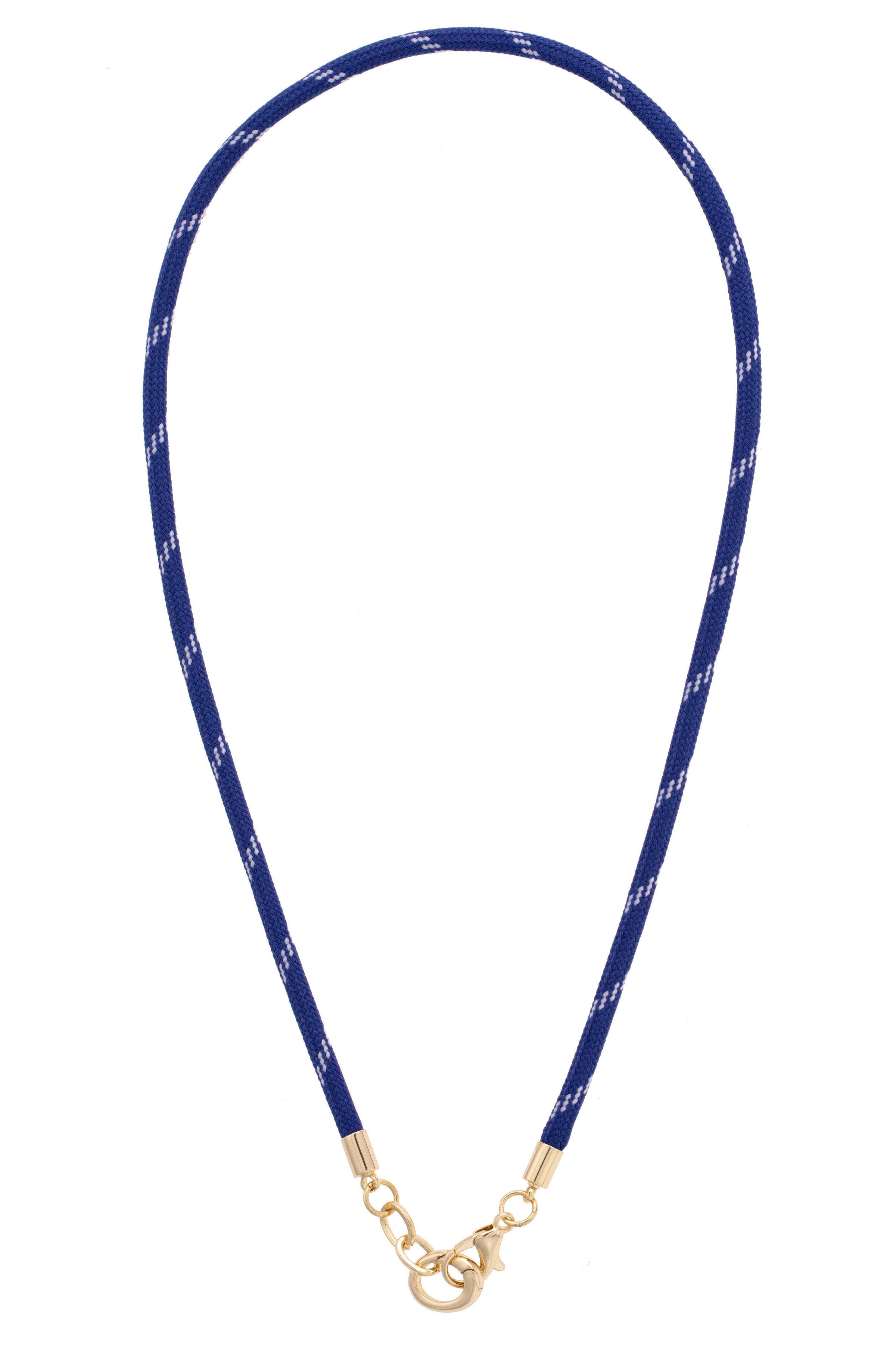 Navy blue lanyard with gold clasp on a white background