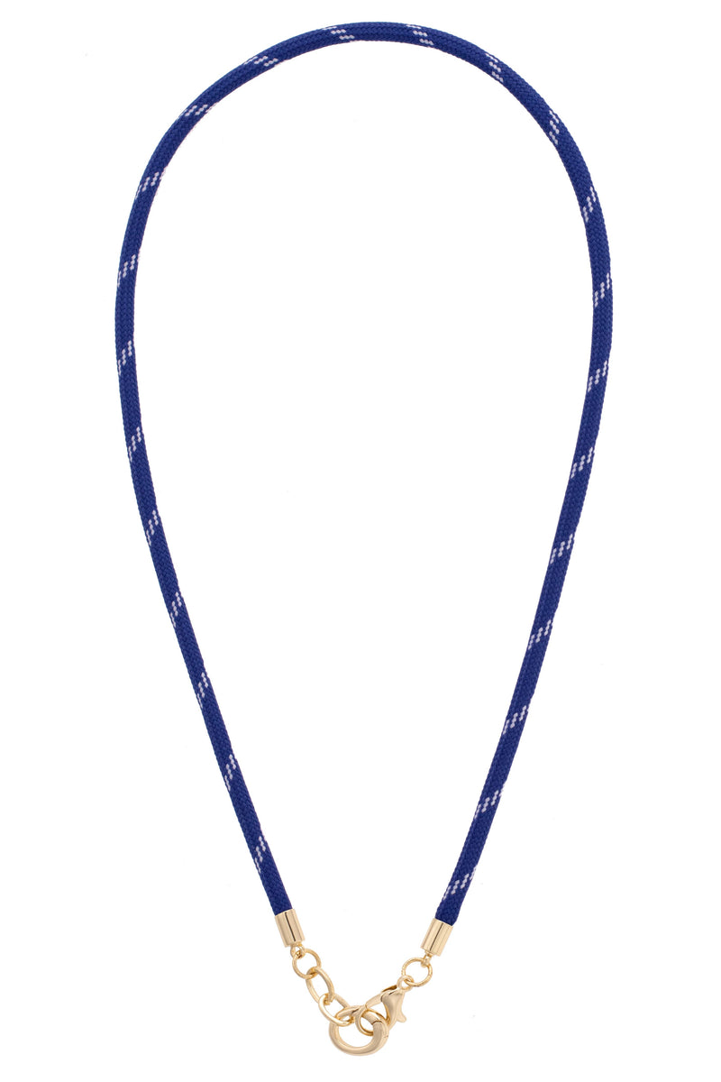 Navy blue lanyard with gold clasp on a white background