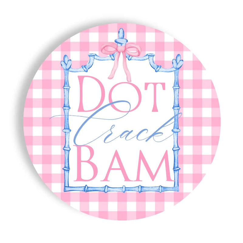 Circular design with 'Dot Crack BAM' text on a pink and white checkered background