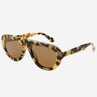 Sunglasses with tortoiseshell frame and brown lenses on a white background