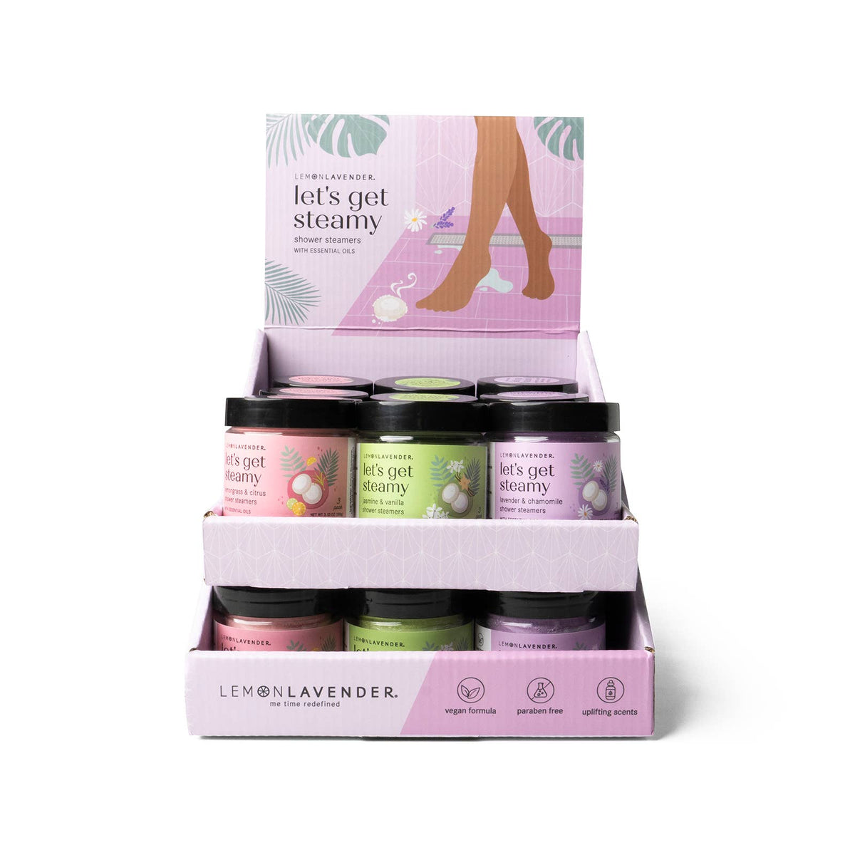 Display of Lemon Lavender 'Let's Get Steamy' shower steamers with a pink box on a white background.
