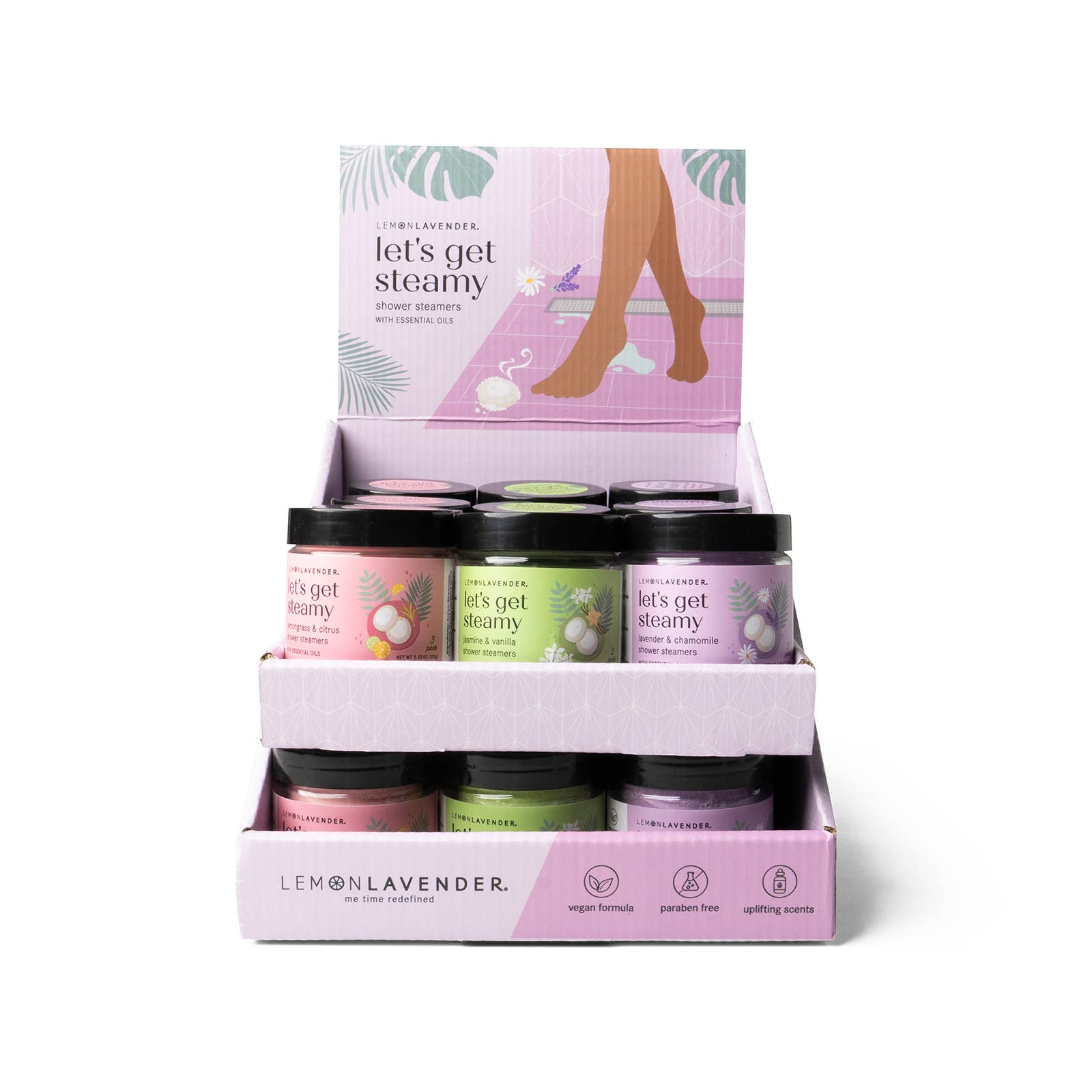 Display of Lemon Lavender 'Let's Get Steamy' shower steamers with a pink box on a white background.