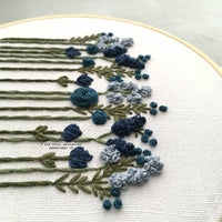 Embroidery hoop with blue and green floral pattern on white fabric