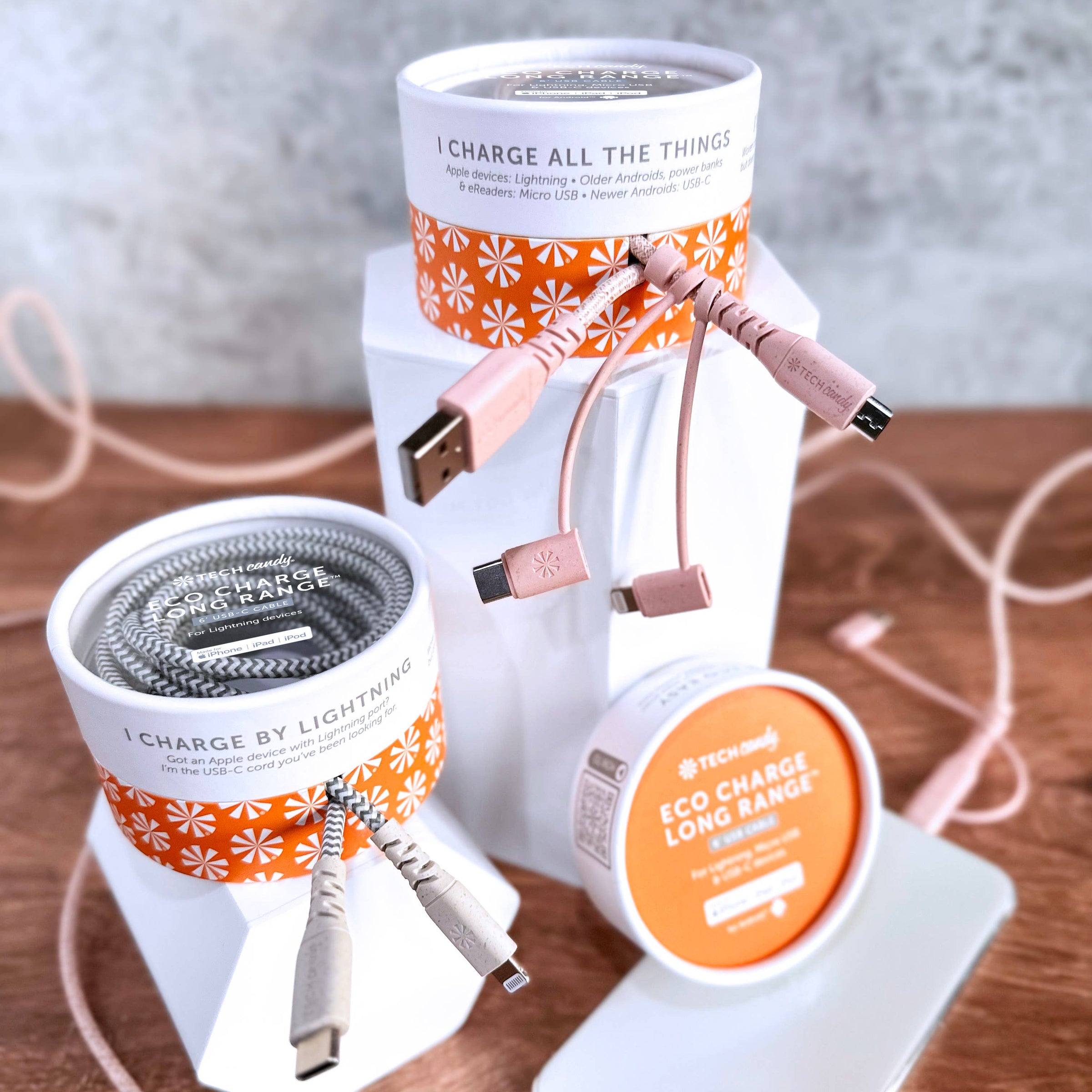 ECO CHARGE LONG RANGE™ 6’ WOVEN USB CABLE (3 Tip): ROSE/PINK