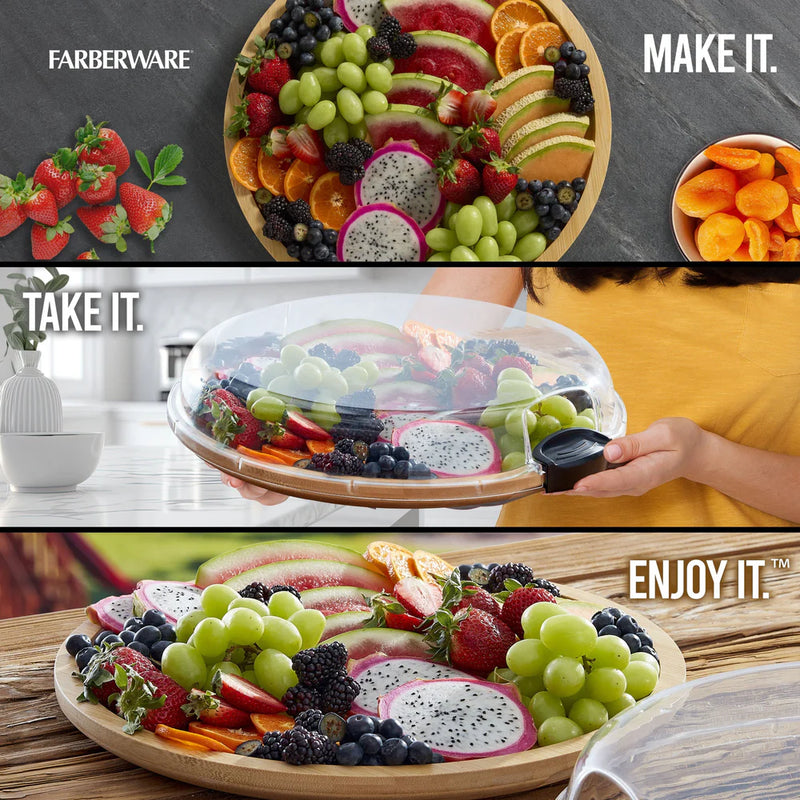 Farberware 14 in. Round Build-a-Board Round Bamboo Charcuterie Board with White Handles