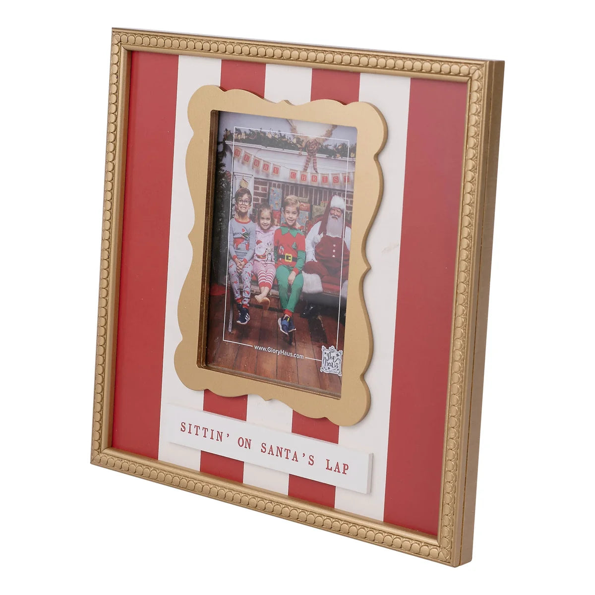 A personalized Christmas-themed picture frame with a gold beaded border, featuring red and white vertical stripes, a scalloped gold inner frame, and a white banner at the bottom that reads 'SITTIN' ON SANTA'S LAP'.