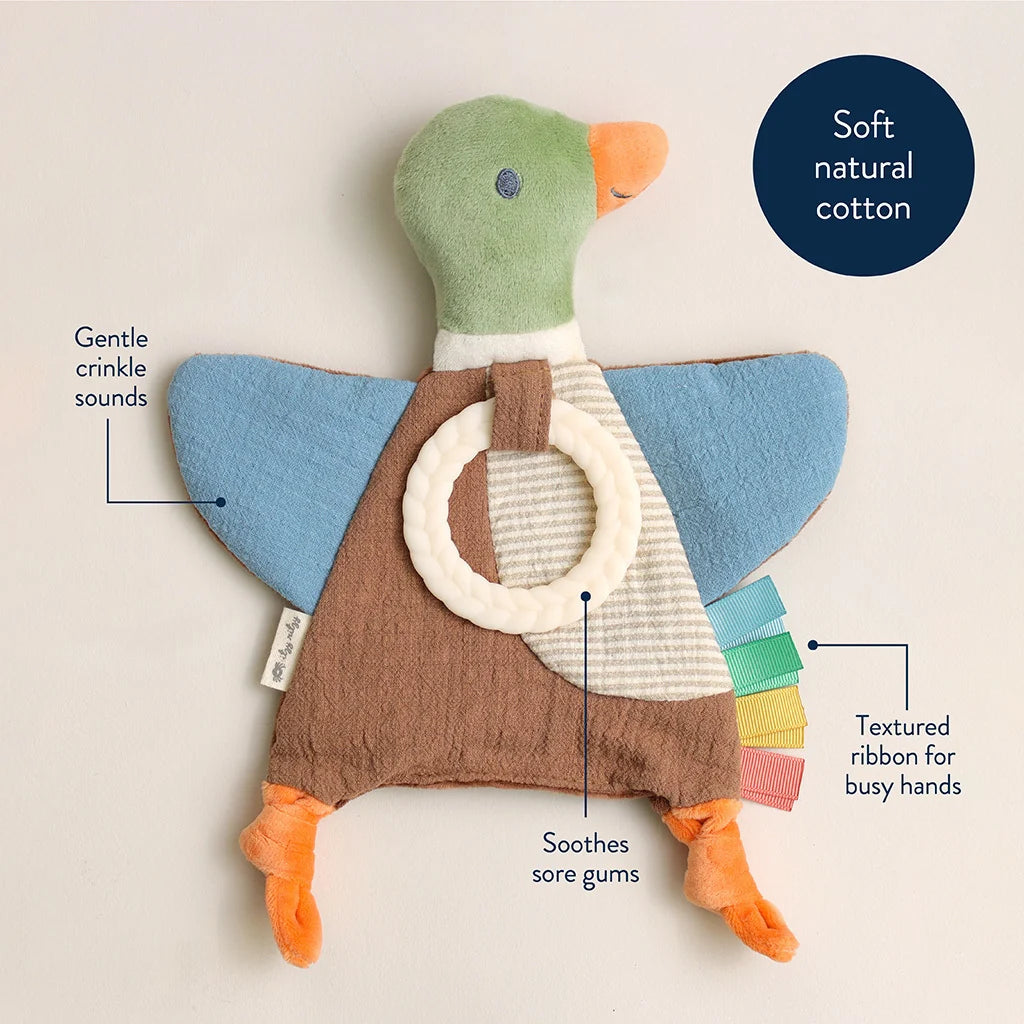 A duck-shaped baby teething toy with a green head, blue wings, brown body, orange beak and feet, a cream ring handle, and colorful fabric tabs along the tail, shown on a white background.