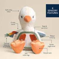 Plush toy duck with a textured rattle on a white background