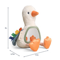 Plush toy duck with a textured rattle on a white background