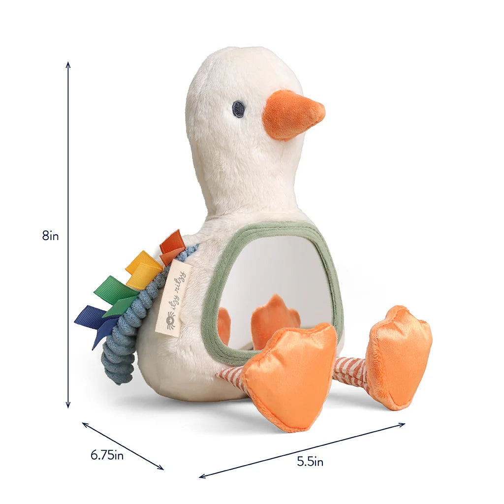 Plush toy duck with a textured rattle on a white background