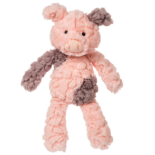 Plush toy pig with pink body and brown accents on a white background