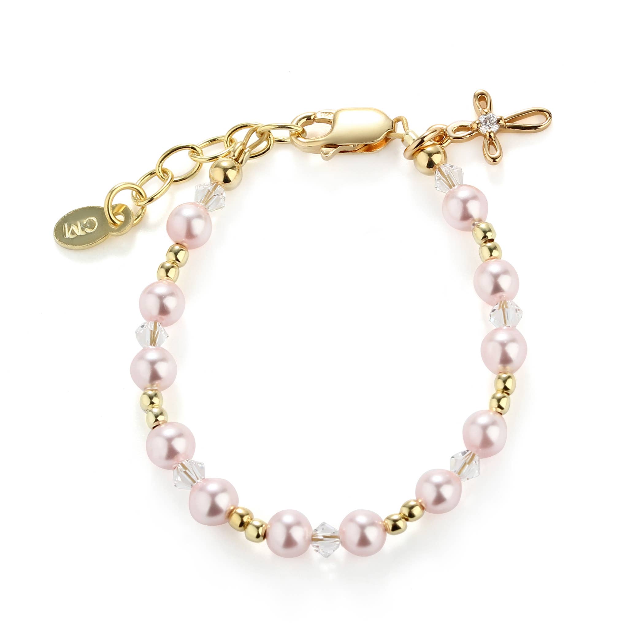 14K Gold-Plated Pink Pearl Cross Bracelet Baptism/Communion