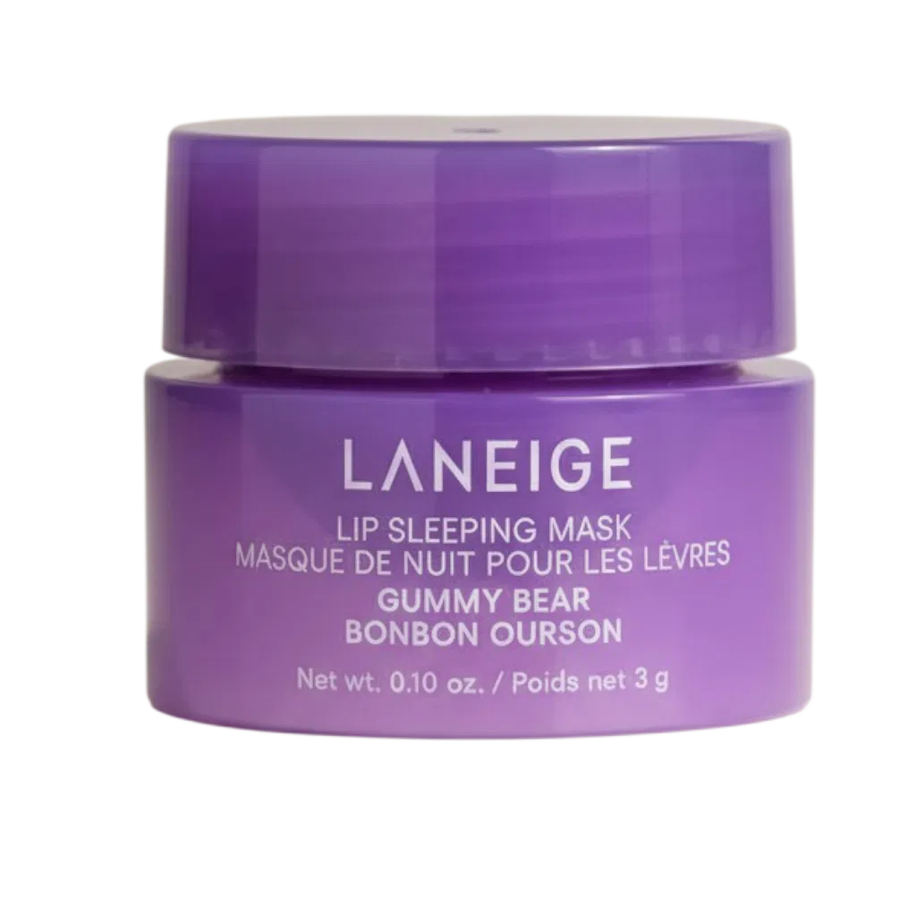Purple jar of Laneige lip sleeping mask on a white background