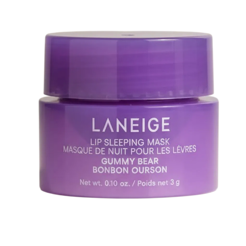 Purple jar of Laneige lip sleeping mask on a white background
