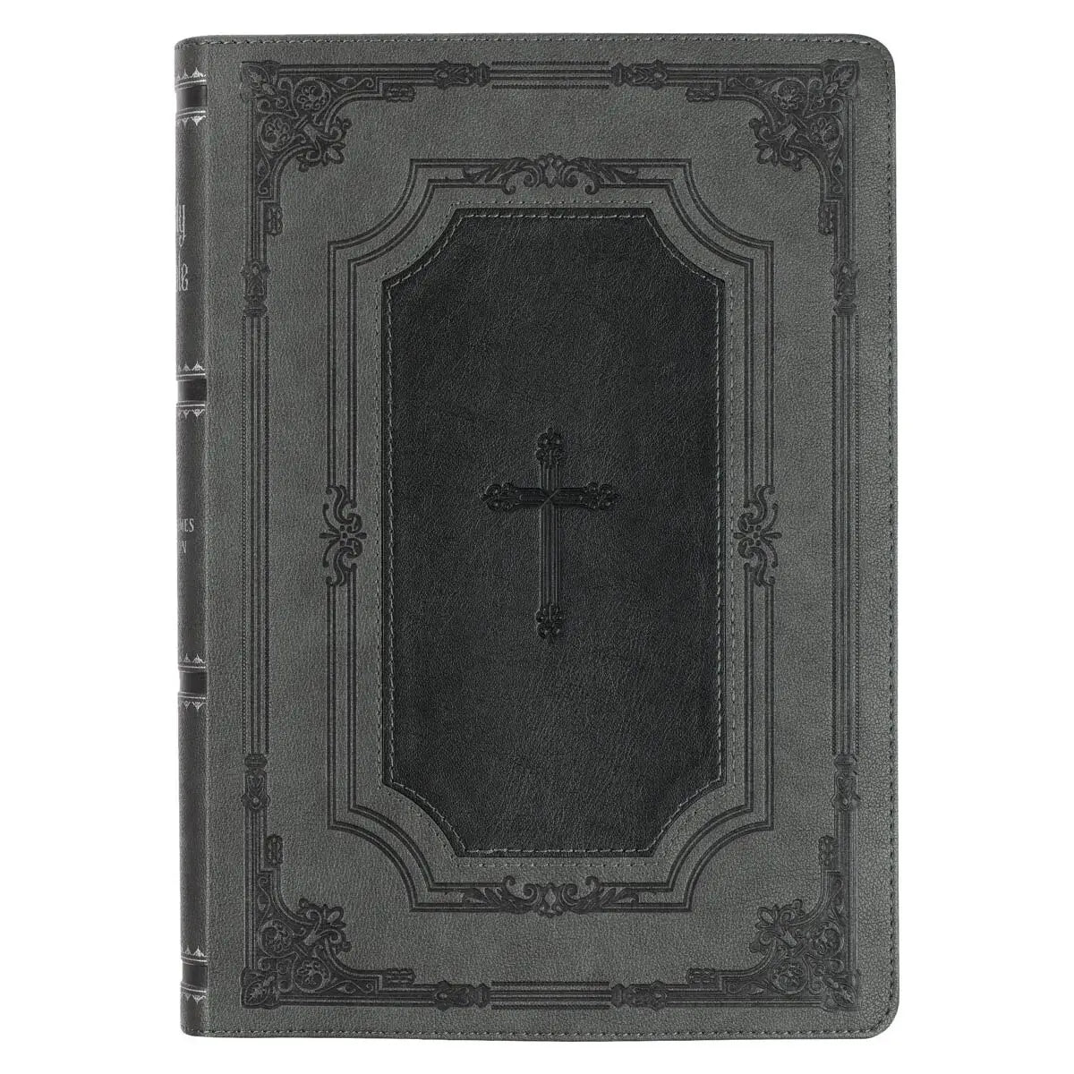 Black leather-bound book with a cross design on a white background