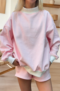 Stripe Oversize Mock Neck Sweatshirt and Shorts Set (S-XL): Light Pink / Missy