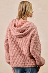 Quilted Knit Buttoned Hoodie Top With Pocket-Dusty Pink