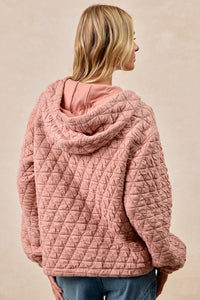Quilted Knit Buttoned Hoodie Top With Pocket-Dusty Pink