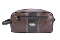 Brown leather toiletry bag with a visible brand logo on a white background