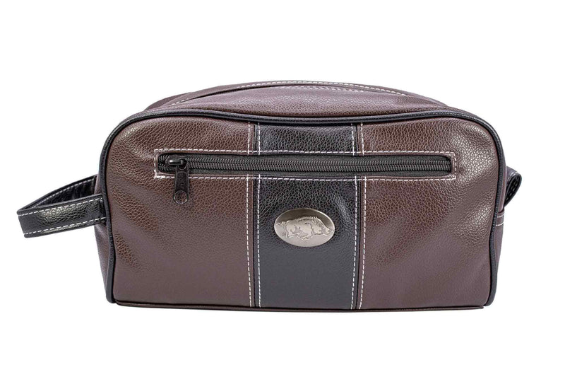 Brown leather toiletry bag with a visible brand logo on a white background