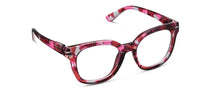 Pink and black patterned eyeglasses on a white background