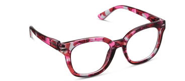 Pink and black patterned eyeglasses on a white background