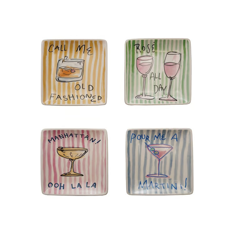 5"Sq Stoneware Plate w Saying - 4 Styles
