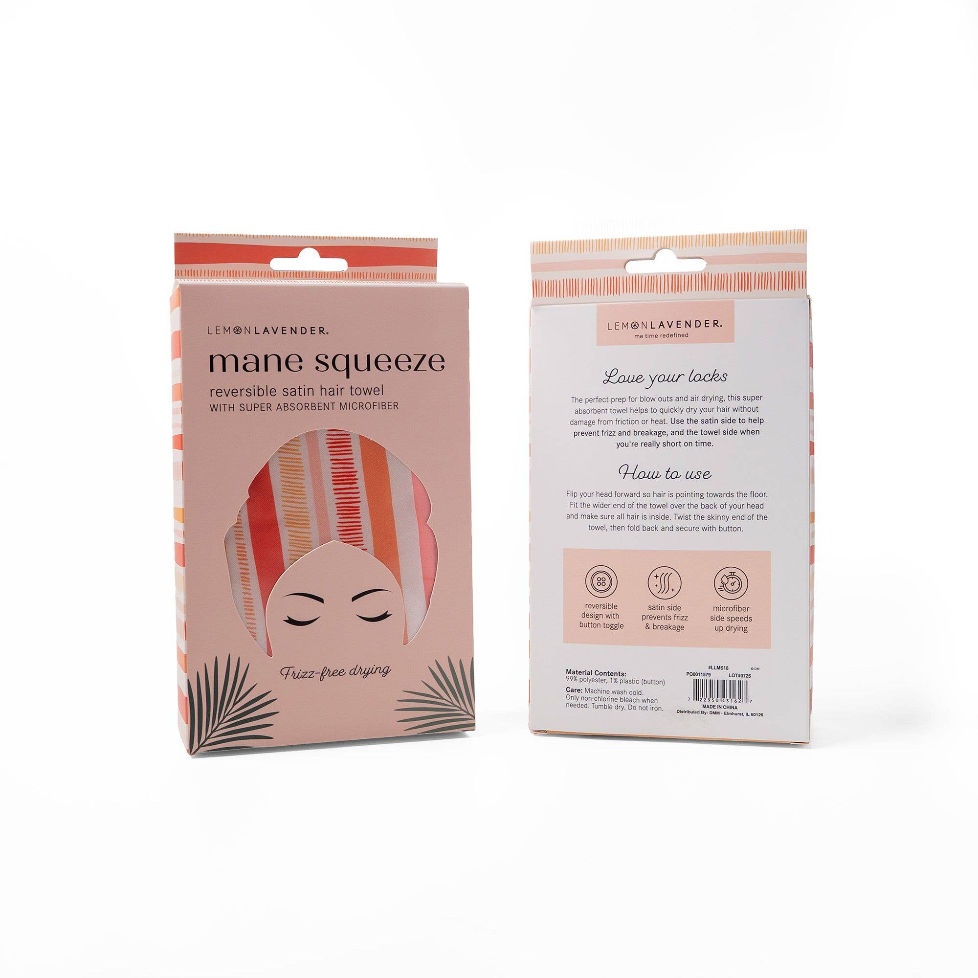 Mane Squeeze reversible satin hair towel packaging on a white background